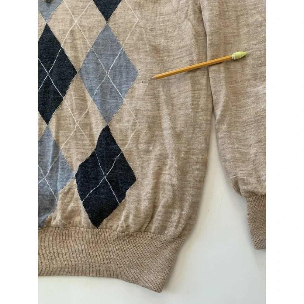 Footjoy Quarter Zip Golf Sweater Mens XXL Tan Beige Argyle 100% Wool Wind Logo